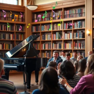 Pianist performing at a library event