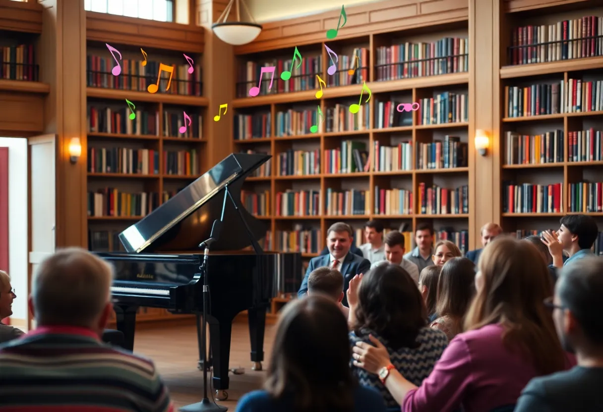 Pianist performing at a library event