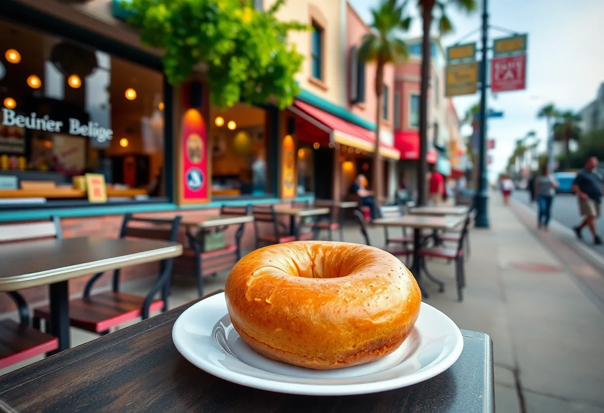 Warm freshly baked bagels on a plate in a San Diego setting