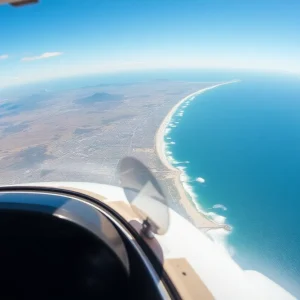 View of San Diego coastline from an airplane cockpit