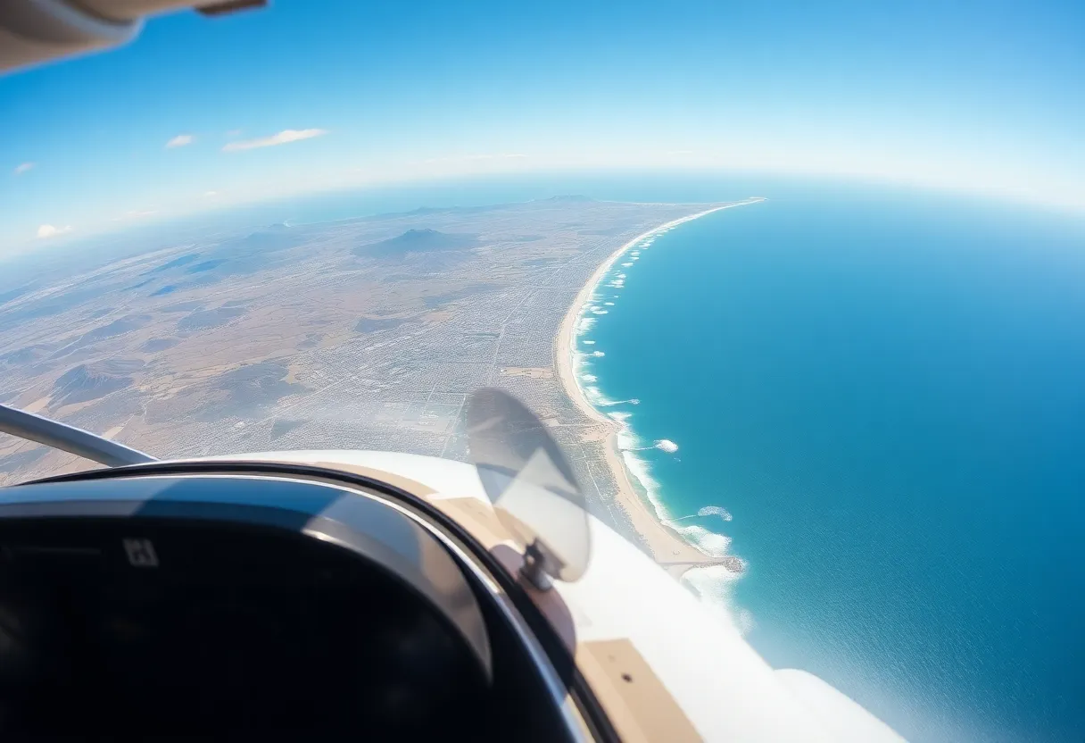 View of San Diego coastline from an airplane cockpit