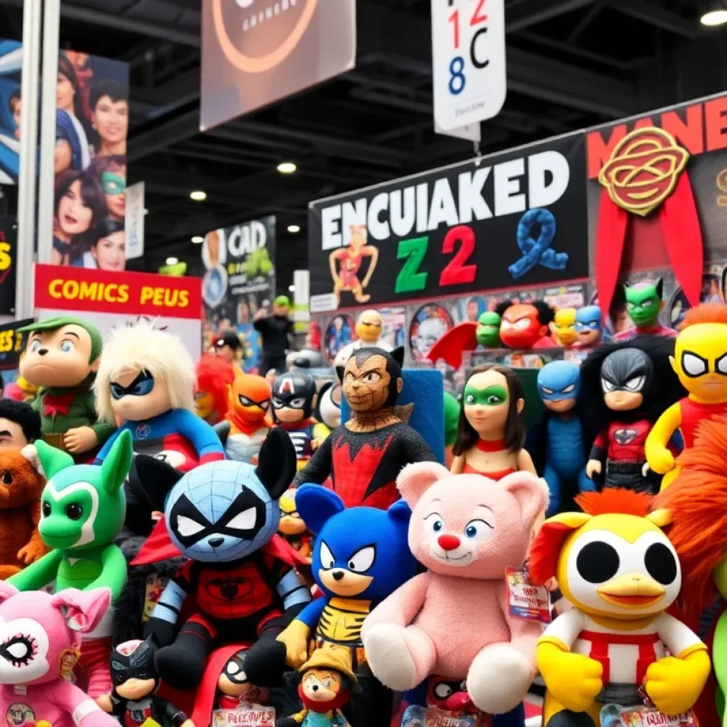 Exclusive collectibles displayed at San Diego Comic-Con 2025 booth.