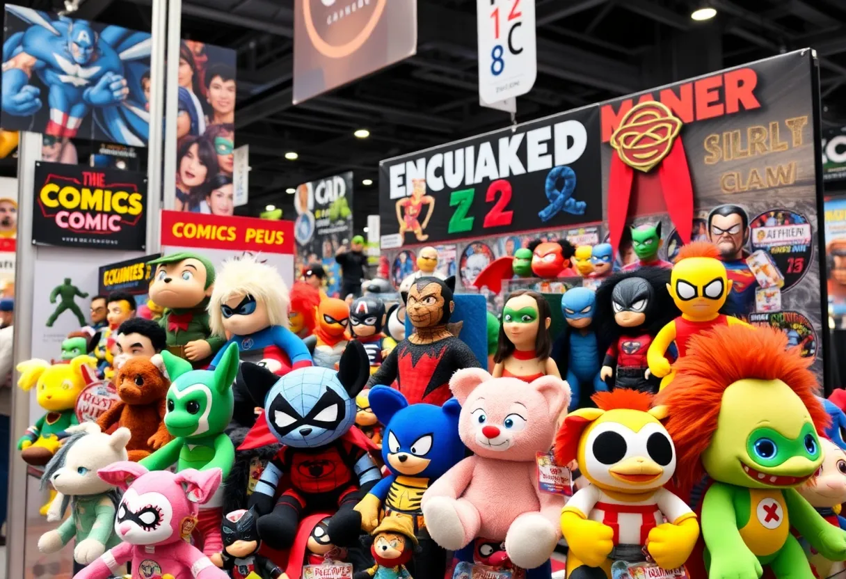 Exclusive collectibles displayed at San Diego Comic-Con 2025 booth.