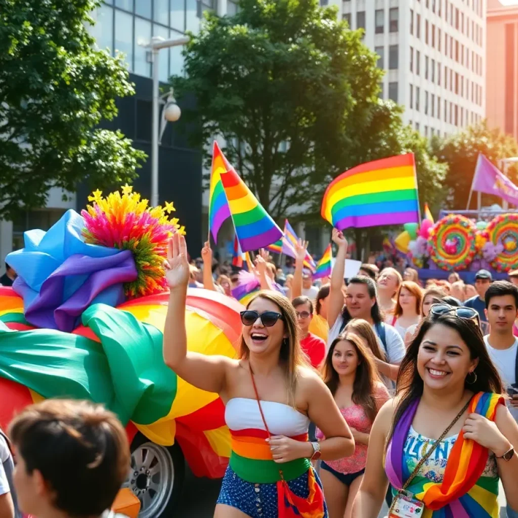 San Diego Pride parade participants celebrating with colorful decorations
