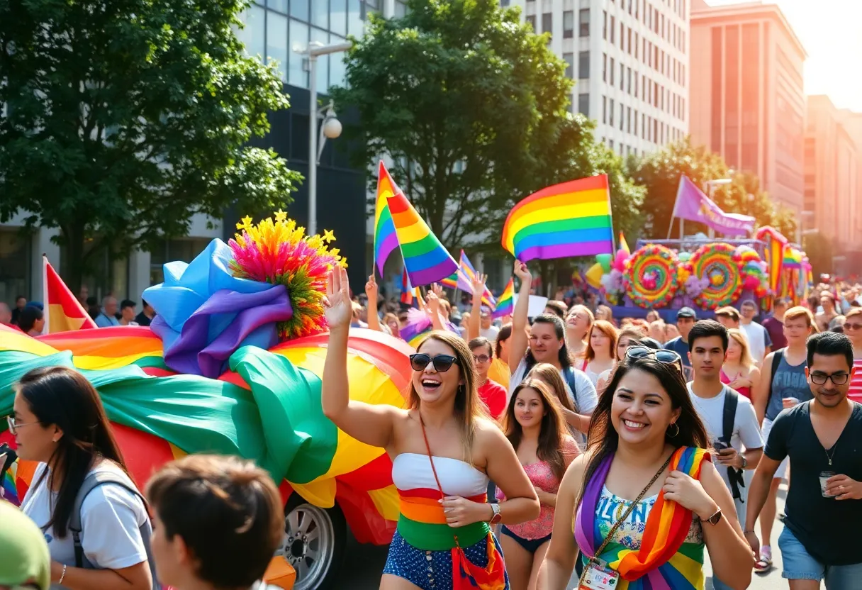 San Diego Pride parade participants celebrating with colorful decorations