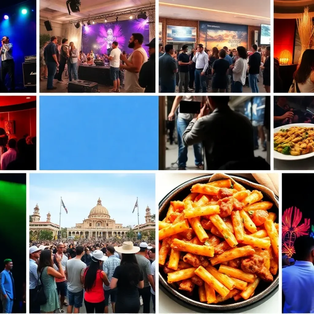 A collage of events in San Diego, including music, food, and arts.