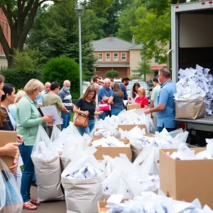 People participating in a shredding event organized by the Coronado Woman's Club.
