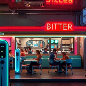 Exterior view of Tesla Diner with customers and electric vehicles