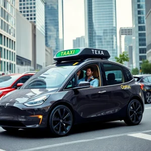 Tesla robotaxi surrounded by city traffic and buildings