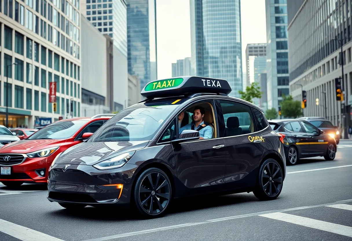 Tesla robotaxi surrounded by city traffic and buildings