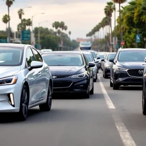 Various electric and hybrid vehicles on a California street