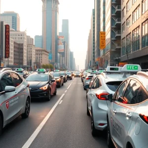 Electric vehicles in a city environment representing ridesharing services