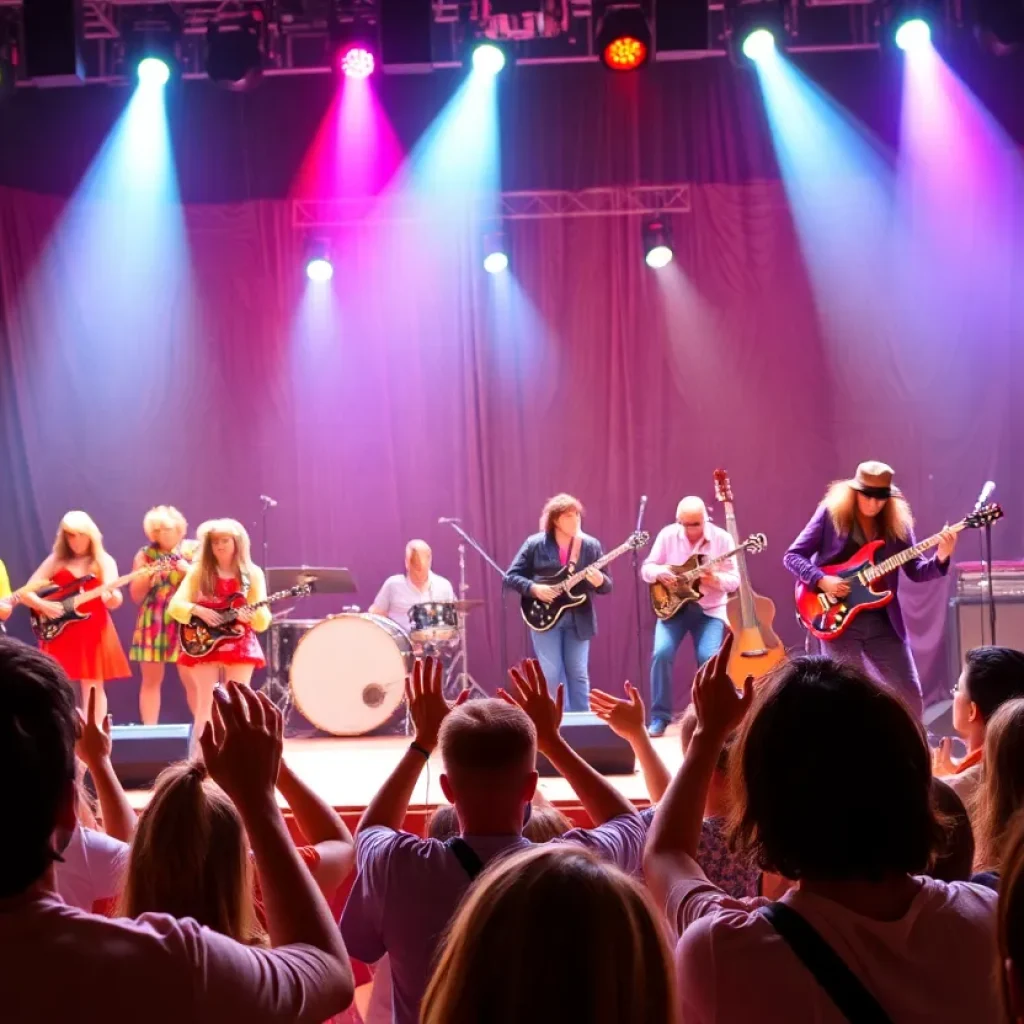 Musical performance scene with vibrant costumes and instruments.