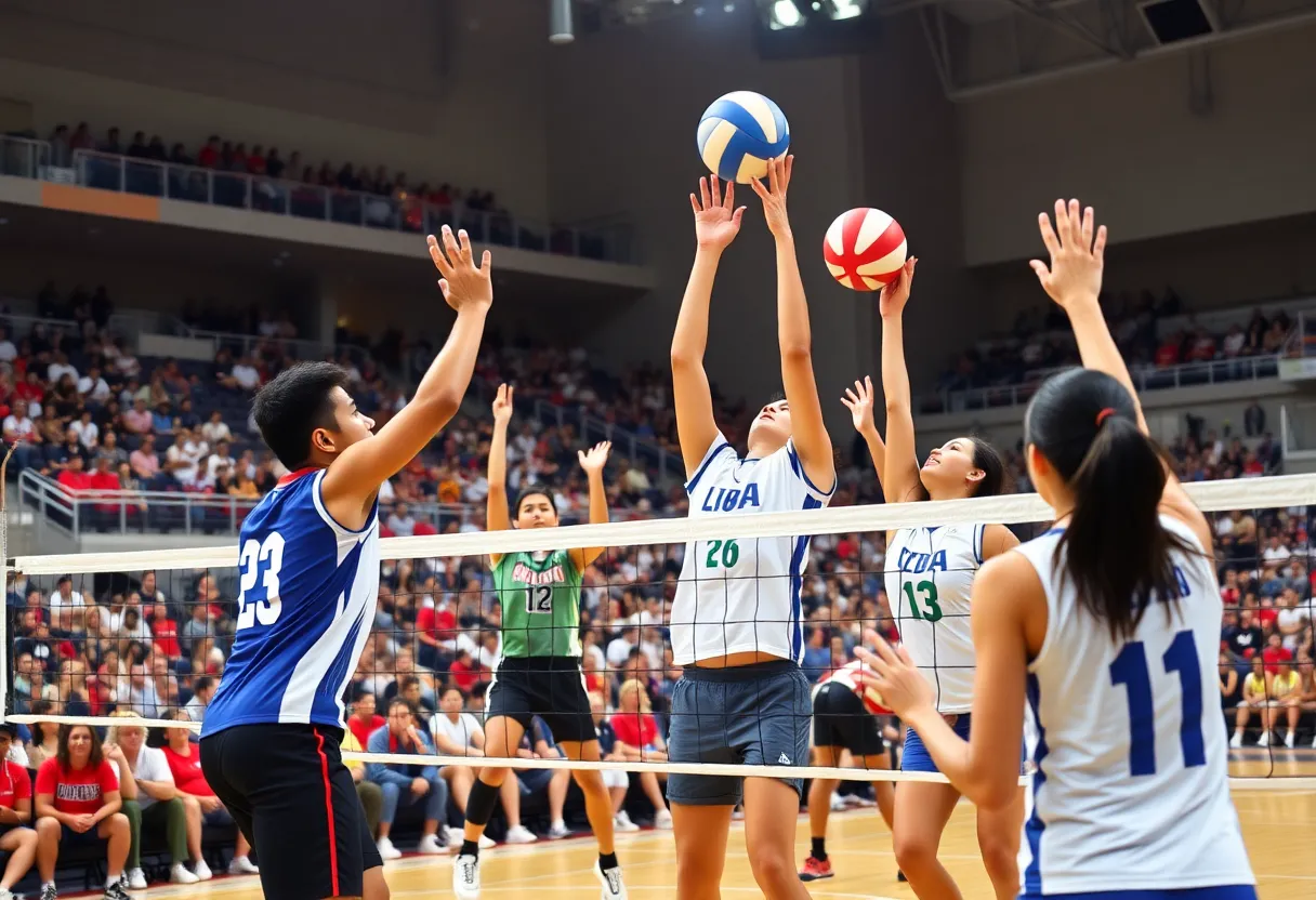 USD volleyball team in action at the World University Games.