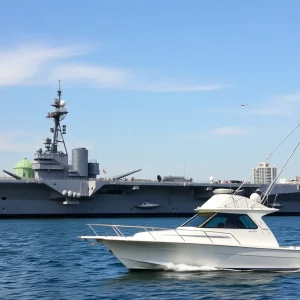 USS Midway Museum with a sportfishing boat in front