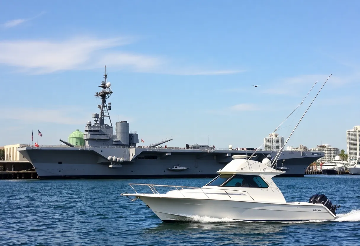 USS Midway Museum with a sportfishing boat in front
