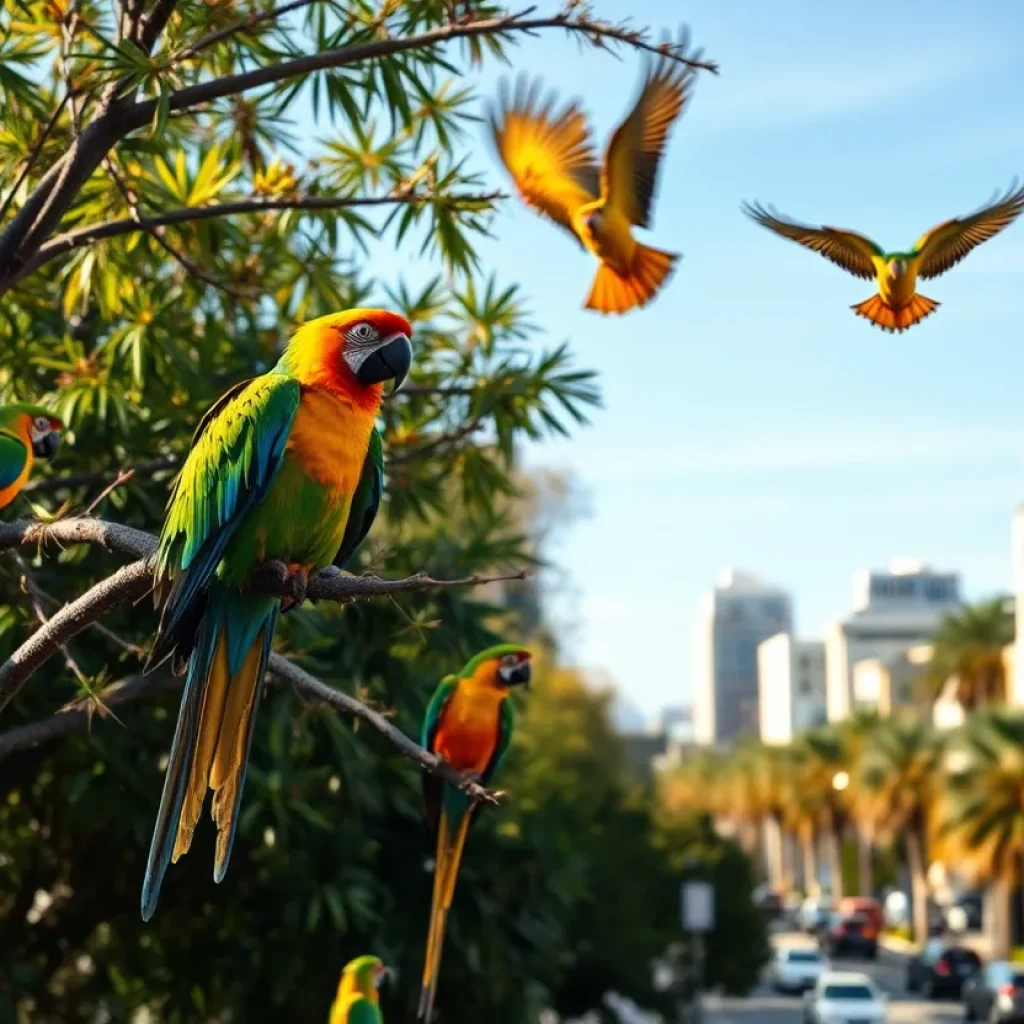 Colorful wild parrots in an urban San Diego setting
