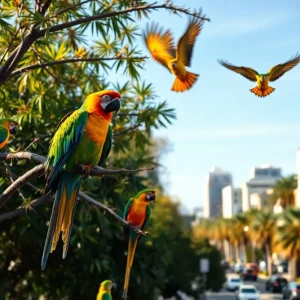 Colorful wild parrots in an urban San Diego setting