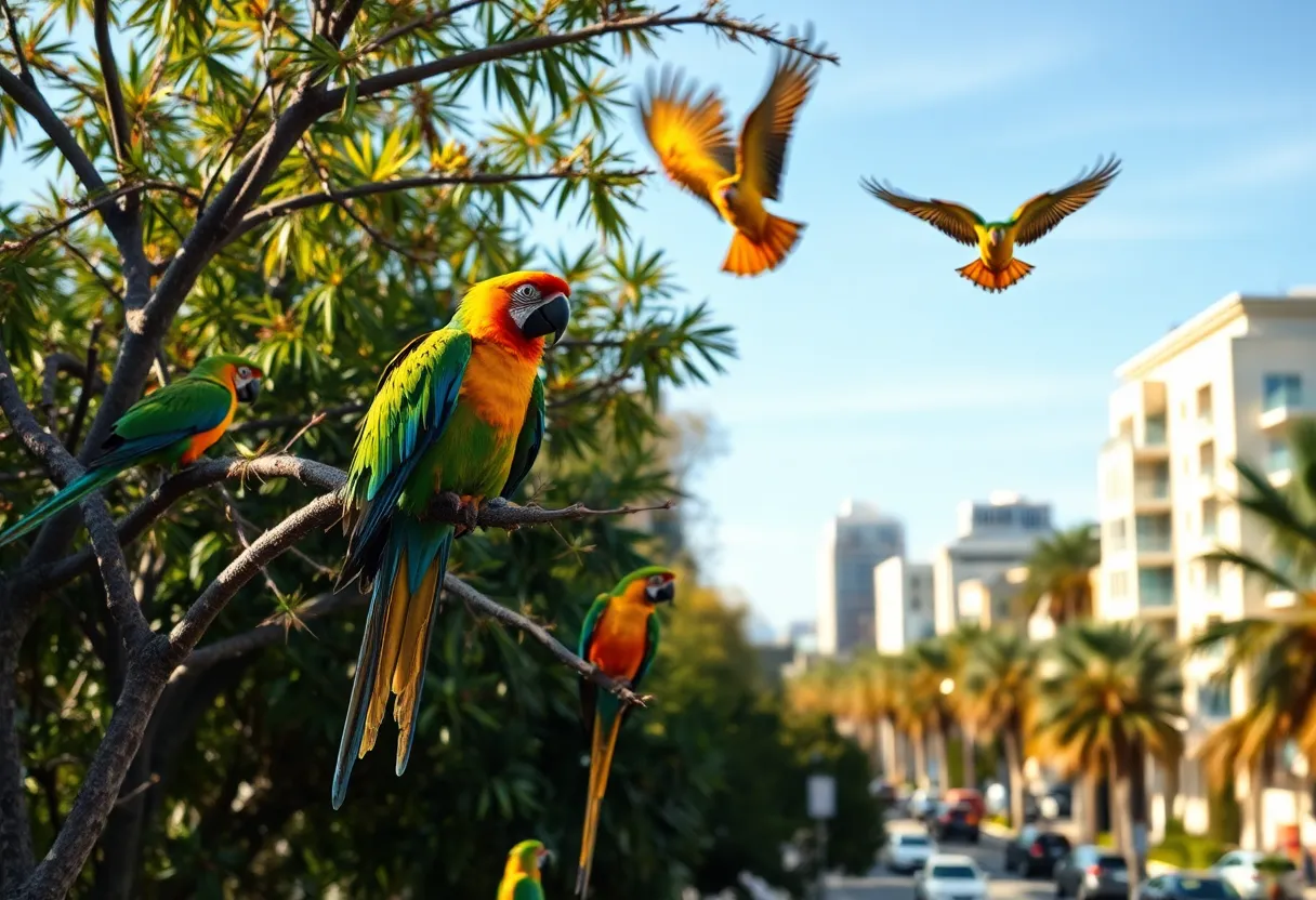 Colorful wild parrots in an urban San Diego setting