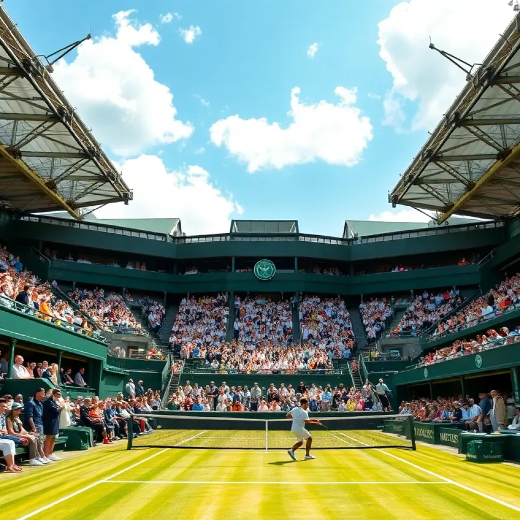 Action shot of a tennis match at Wimbledon with spectators.