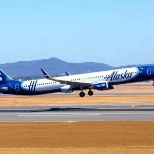 Alaska Airlines aircraft flying from a California airport