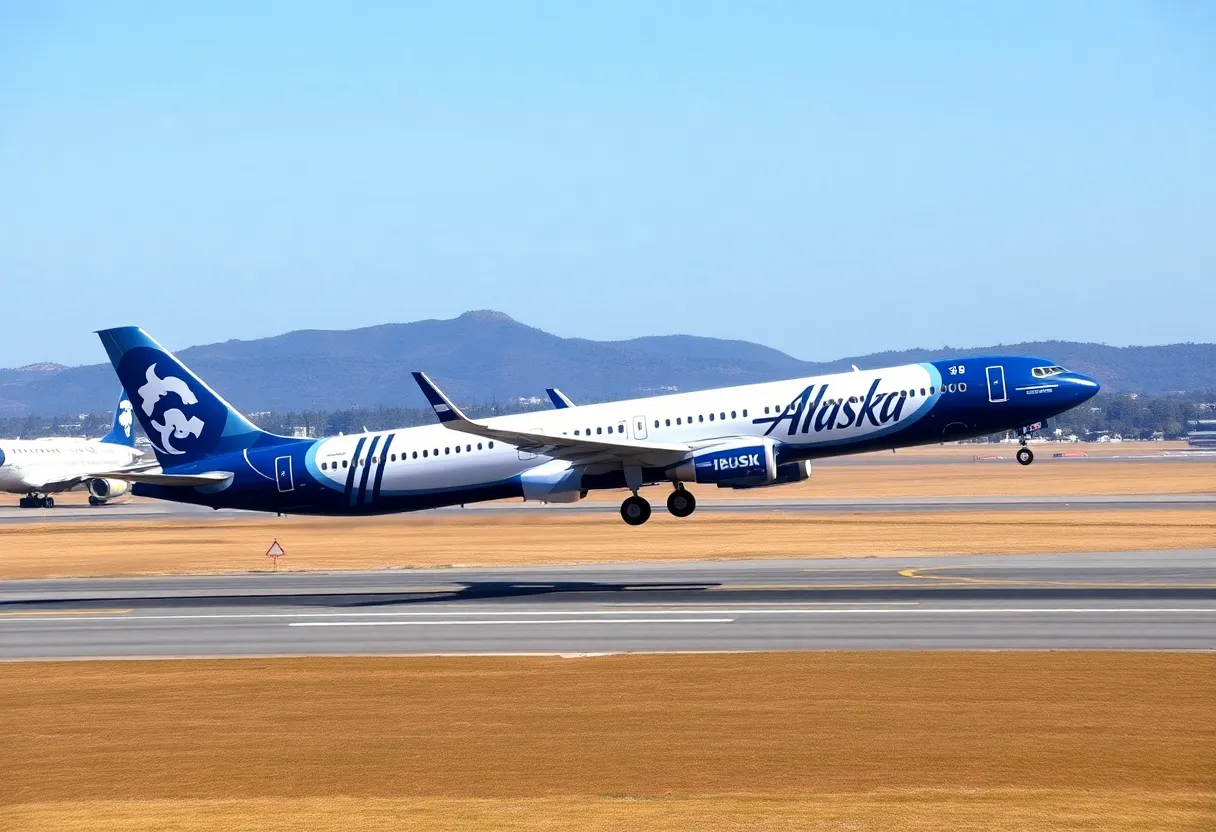 Alaska Airlines aircraft flying from a California airport