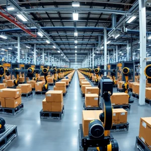 Interior view of Amazon's robotic fulfillment center showing sorting robots in action