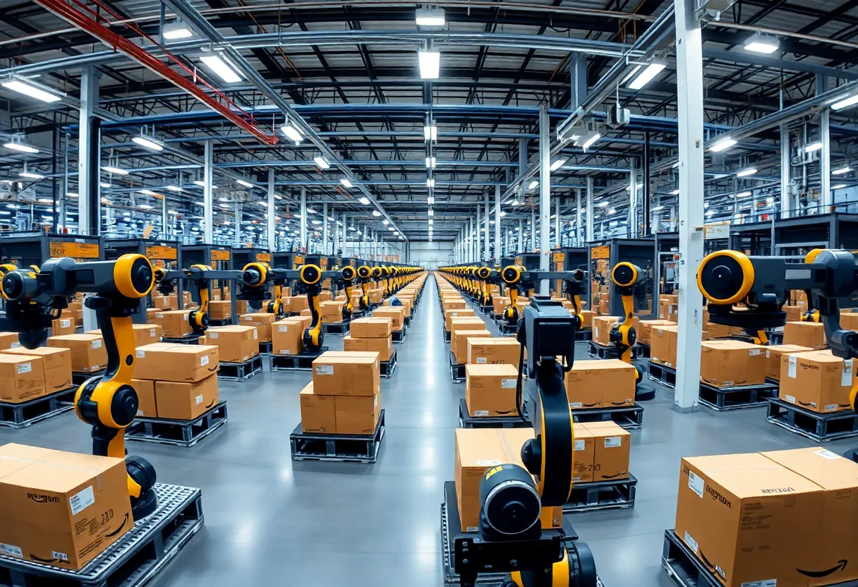 Interior view of Amazon's robotic fulfillment center showing sorting robots in action