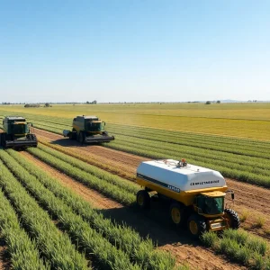 Automated machines working in a California agricultural field