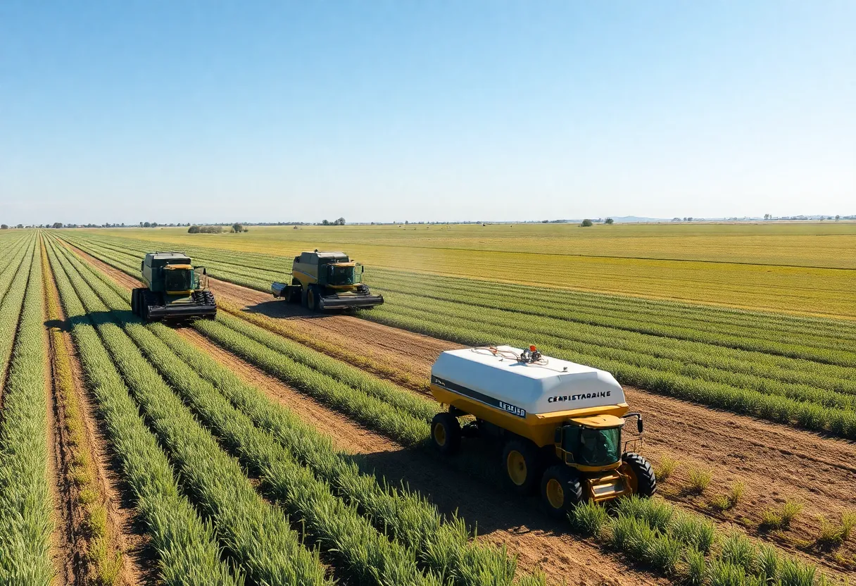 Automated machines working in a California agricultural field