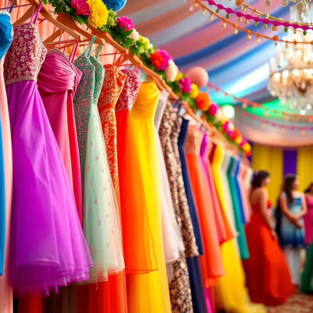 Colorful ball gowns displayed at the Ball Gown Giveaway