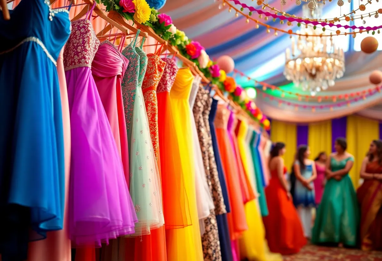 Colorful ball gowns displayed at the Ball Gown Giveaway