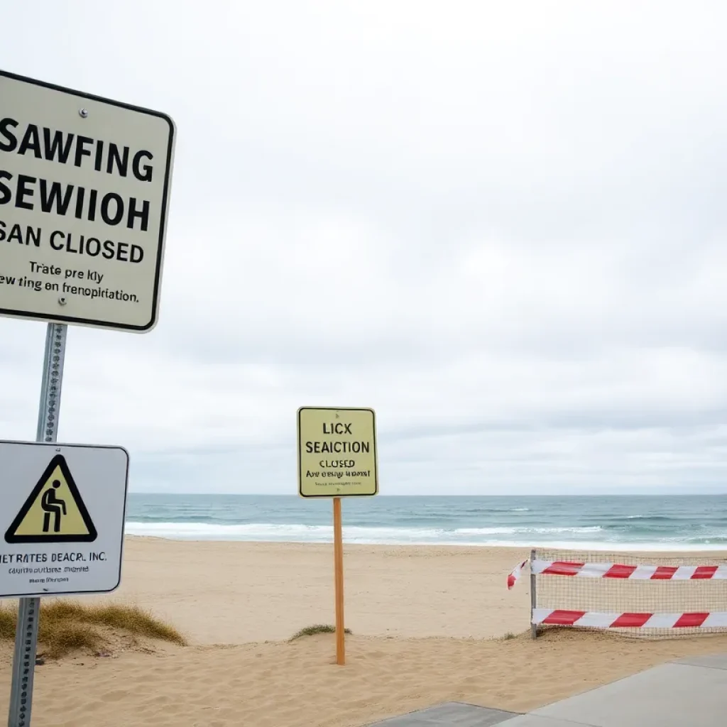 A beach closure warning sign due to sewage contamination in San Diego.