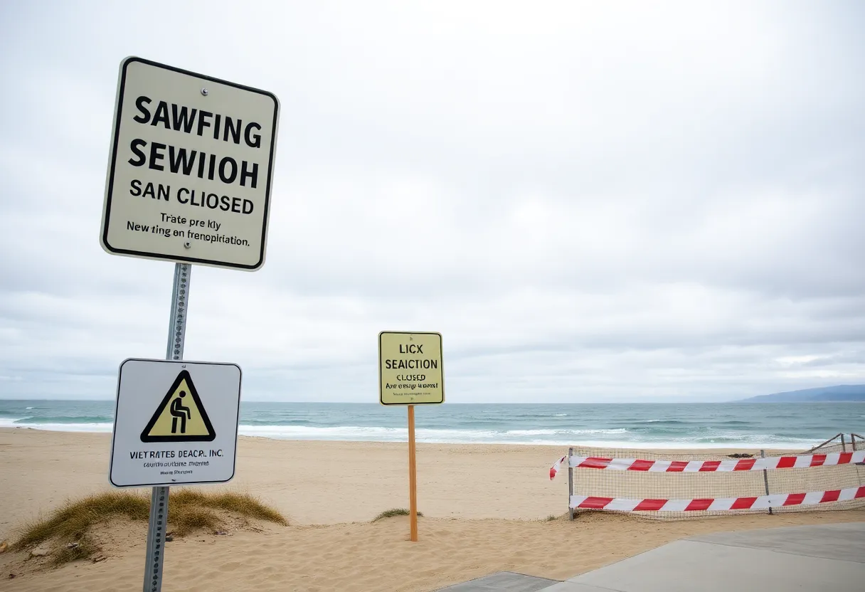 A beach closure warning sign due to sewage contamination in San Diego.