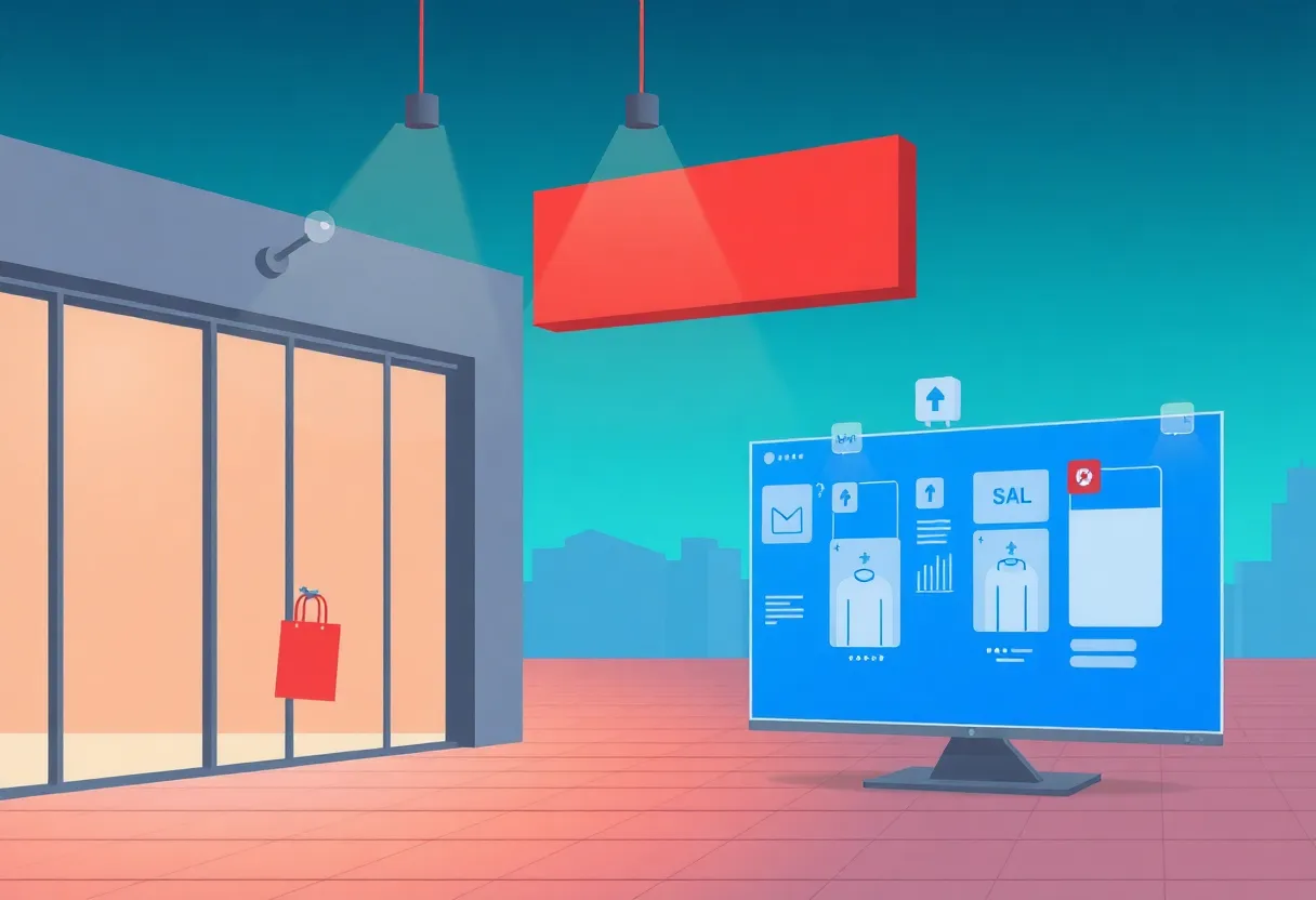 Illustration of retail shopping challenges in California with online shopping depictions.