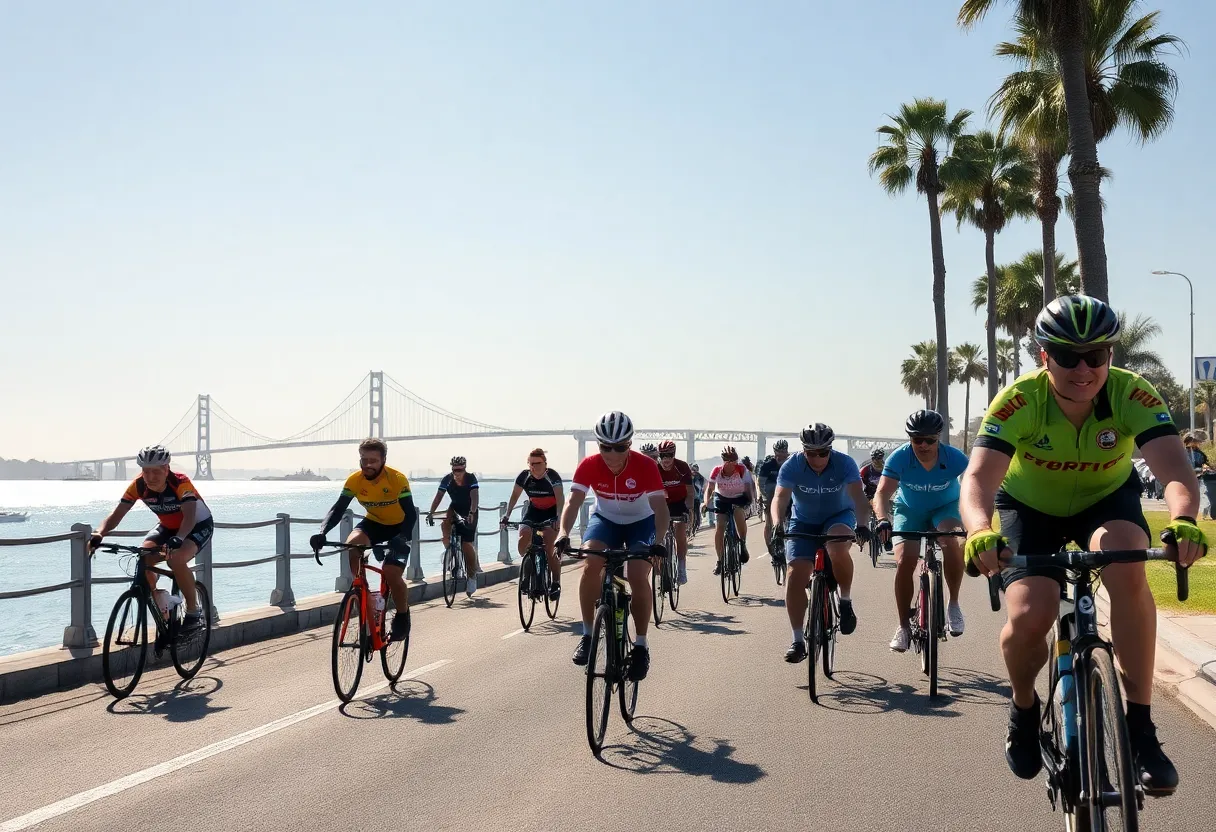 Participants cycling during the Bike the Bay event with Coronado Bridge in the background.