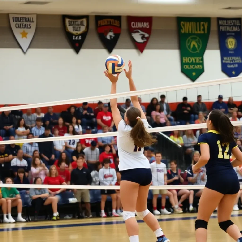 High school volleyball players competing in a match.