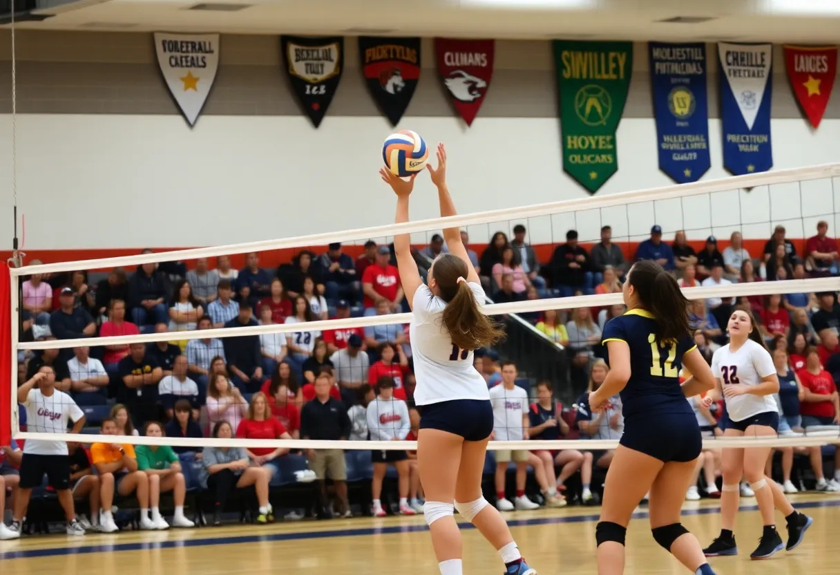 High school volleyball players competing in a match.
