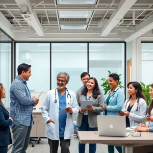 Healthcare professionals collaborating in a modern office setting.