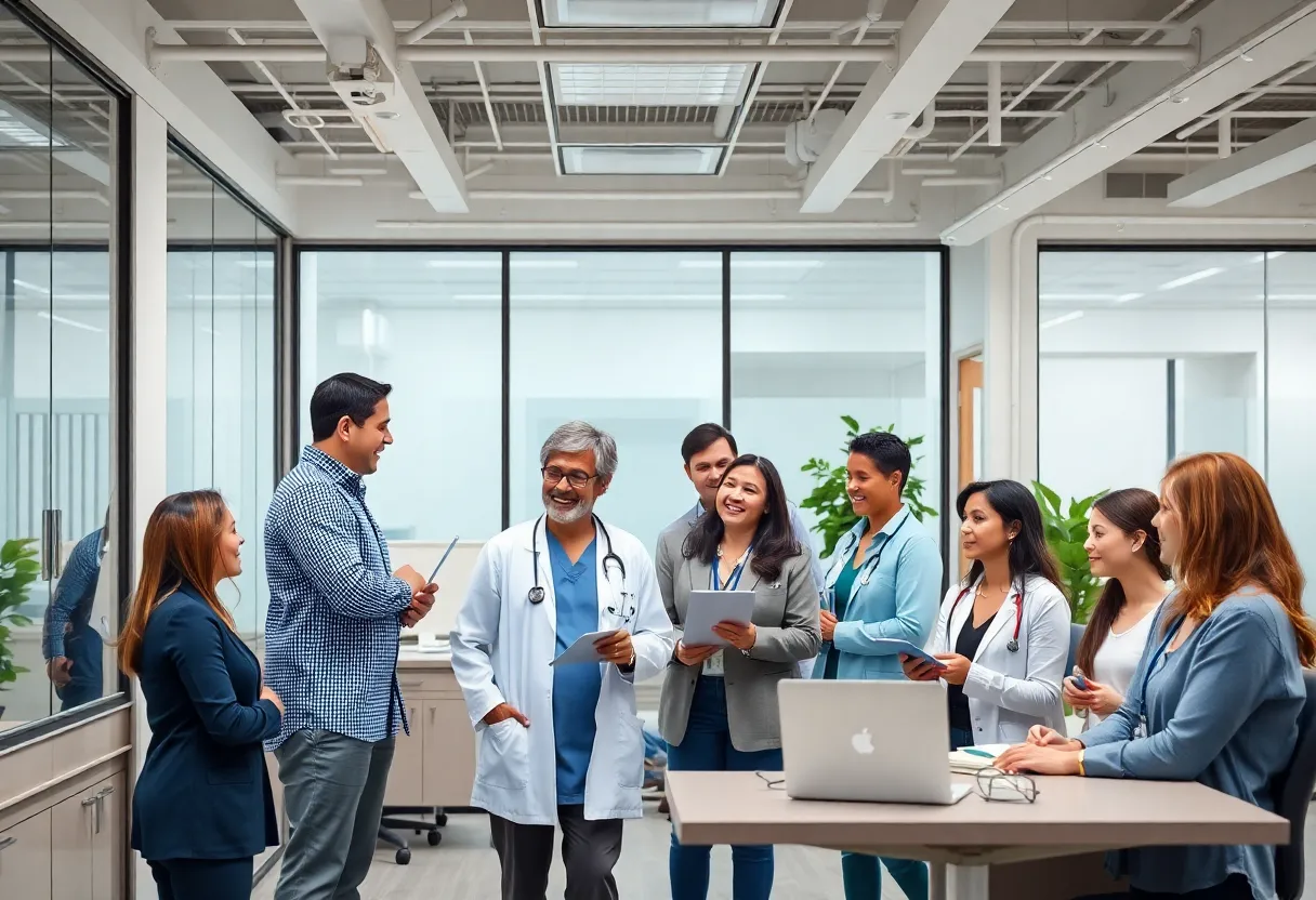 Healthcare professionals collaborating in a modern office setting.