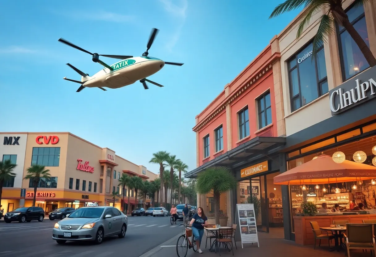 A representation of California's changing business landscape with flying taxis, stores, and food establishments.