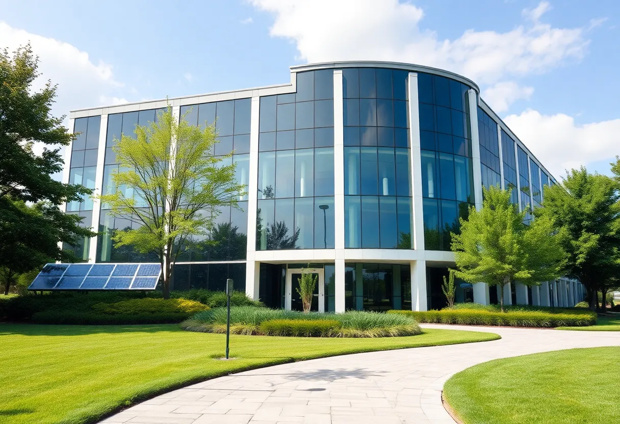 Illustration of a corporate building surrounded by greenery, representing climate disclosure efforts in California.