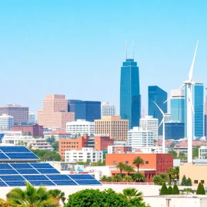 A depiction of California's skyline with renewable energy technologies, symbolizing climate regulation.