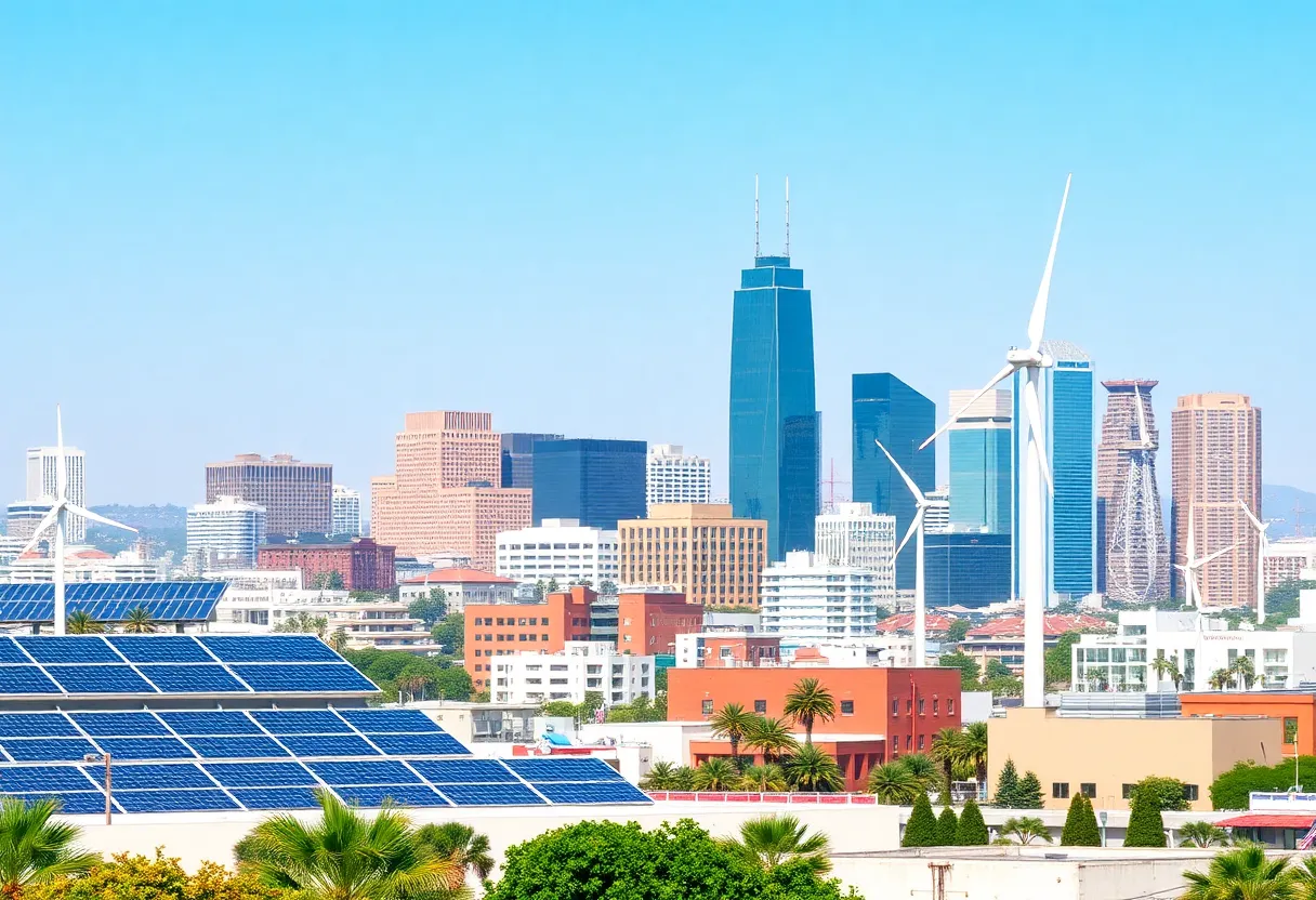 A depiction of California's skyline with renewable energy technologies, symbolizing climate regulation.
