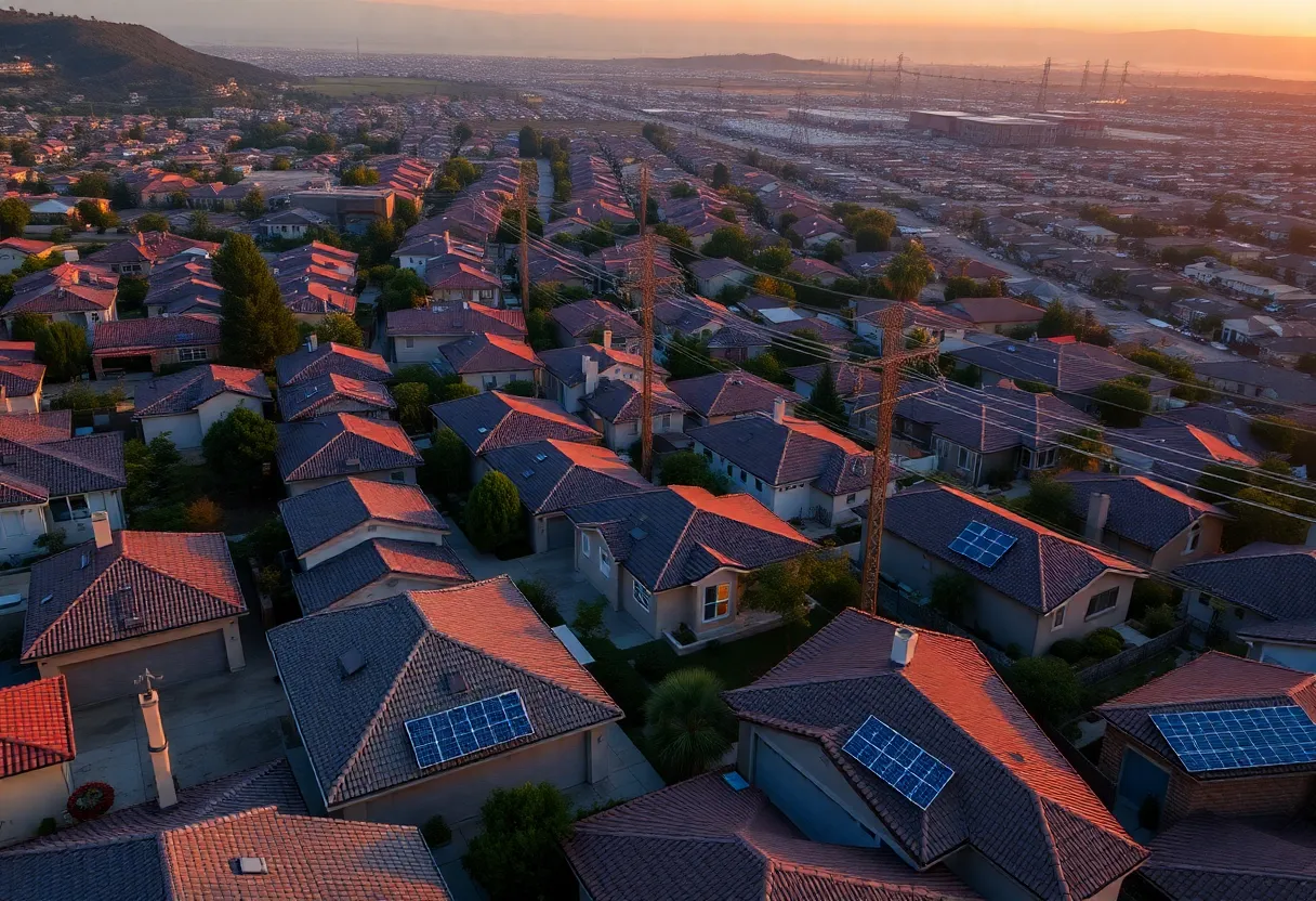 Aerial view of California's energy landscape showing solar panels and batteries.