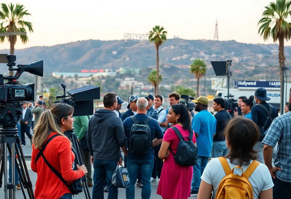 California film production set with crew members and iconic Hollywood landmarks