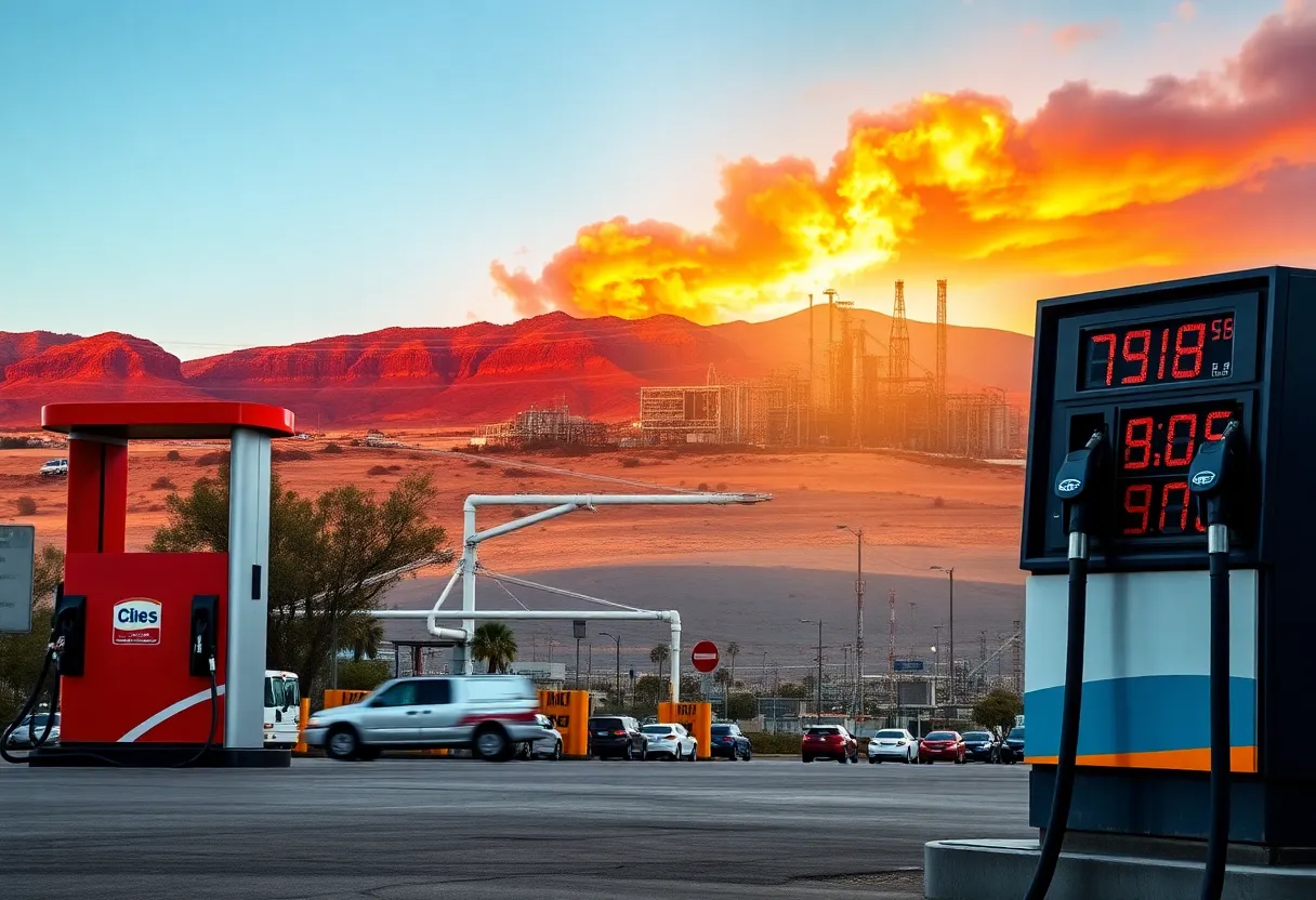 Image depicting the gasoline supply crisis in California with refineries in the background.