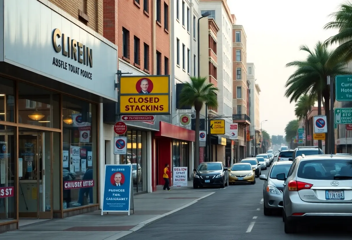 Urban street in California showing closed businesses