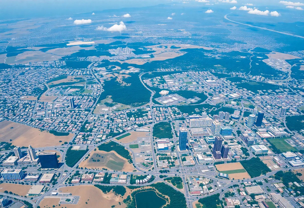 Aerial view showcasing California's landscape and job sectors