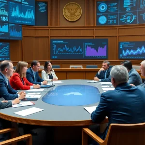 Legislators discussing AI regulations with digital interfaces